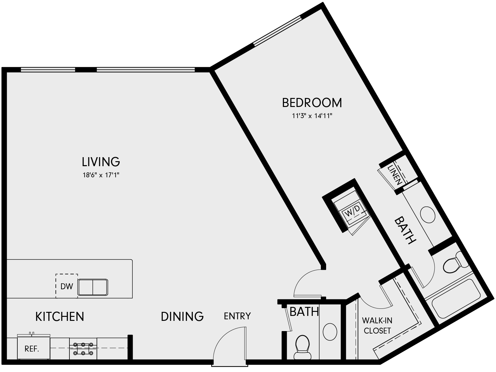 Floor plan for 1 bed, 1 bath, 1088 sqft